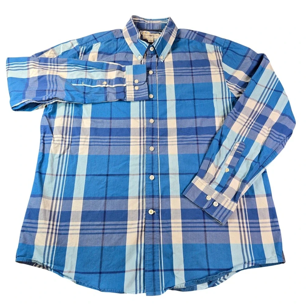 Club Room Slim Fit Mens Sz Large Blue Plaid Long Sleeve Button Down Cotton Shirt
